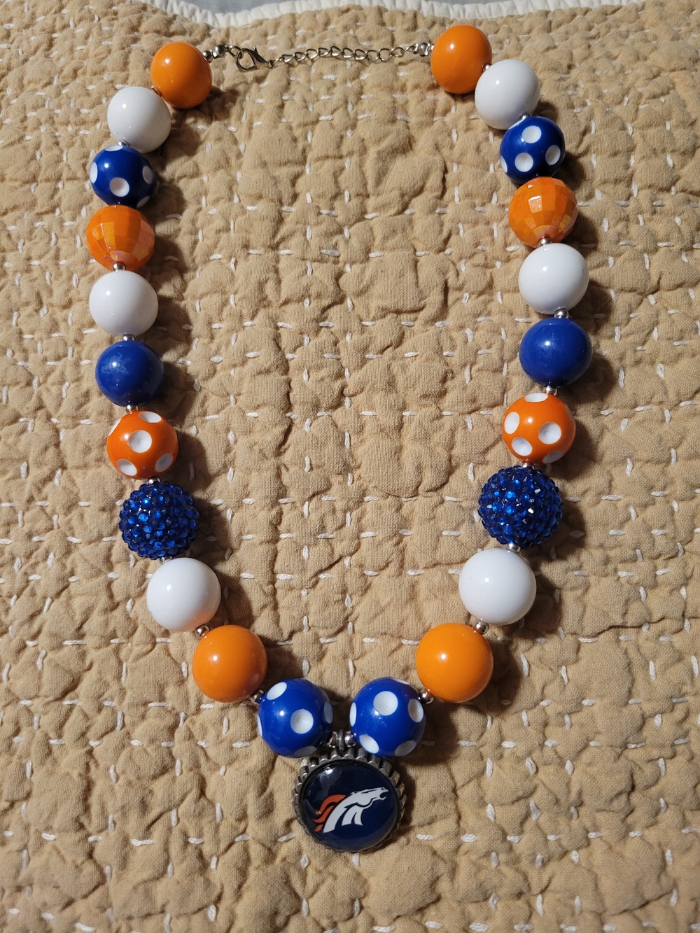 Handmade Denver Broncos Necklace Blue Orange White Large Beads 24” NFL